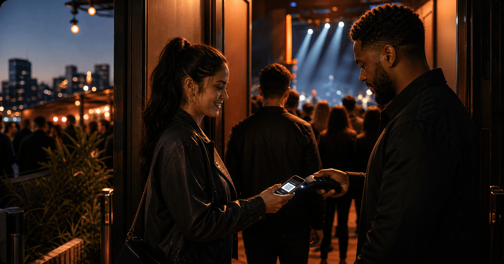 Guests entering a live event while a ticket is scanned at the door.