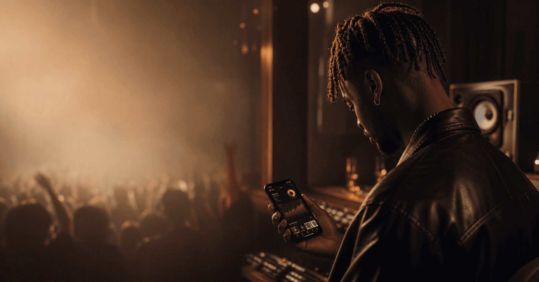 An artist checking song momentum on a phone while crowd energy builds in the background.