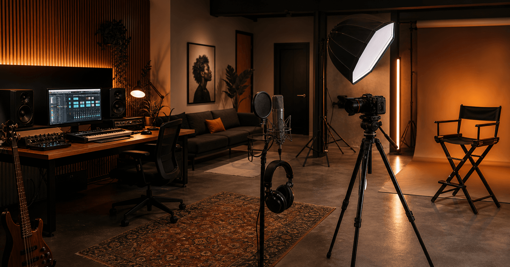 A premium creative studio with recording, photography, and video gear.